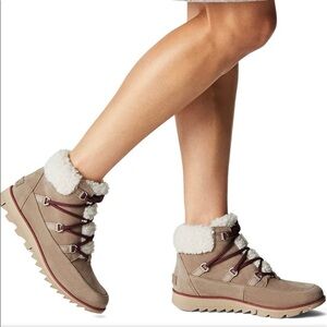 Sorel Boots Womens 10 Gray Suede Leather Harlow Cozy Ancient Fossil Faux Fur